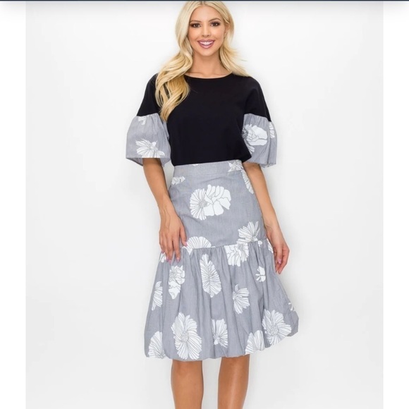 Joh Poplin Gray white Floral Print Bubble Skirt size 4 - Picture 3 of 9